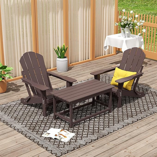 WO Home Furniture Adirondack Chairs Table Set of 3 PCS Outdoor Folding Chairs Coffee Table Weather/UV Resistant for Lawn, Garden, Bon Fire, Balcony (Dark Brown)
