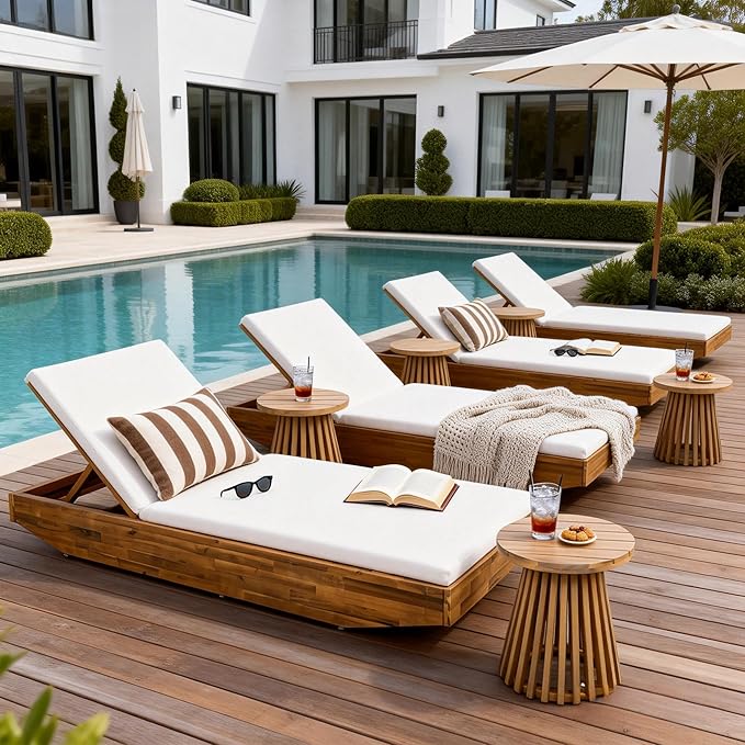 Acacia Wood Chaise Lounge with 2-Fold Thin Cushion - Teak Finish Outdoor Recliner with Beige Water-Repellent Cushion - Photo 4