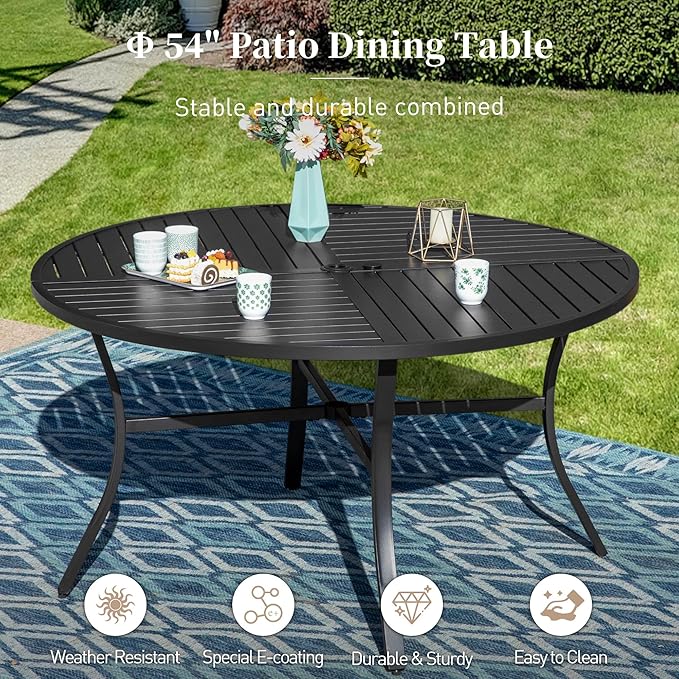 54" Patio Dining Table for 6, Round Patio Table with Umbrella Hole,E-Coating and Powder Coating Steel Frame Metal Outdoor Patio Table for Garden Backyard Lawn Yard