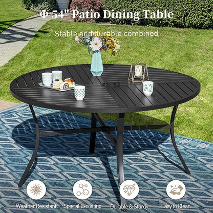 54" Patio Dining Table for 6, Round Patio Table with Umbrella Hole,E-Coating and Powder Coating Steel Frame Metal Outdoor Patio Table for Garden Backyard Lawn Yard