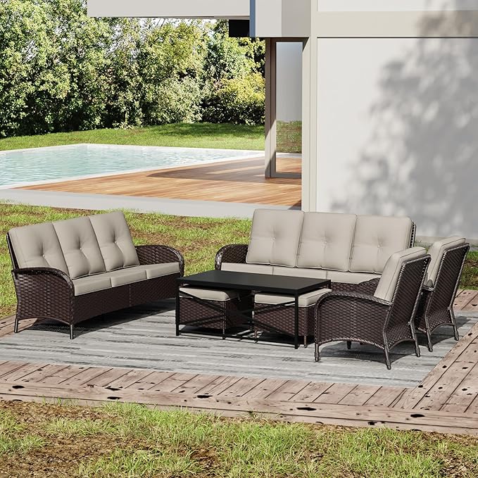 Joyside Wicker Patio Furniture Set, 7 Piece Outdoor Furniture Set with Thickened Cushions, High Back, Deep Seating, Wide Armrest, Rattan Outdoor Chairs for Porch, Deck