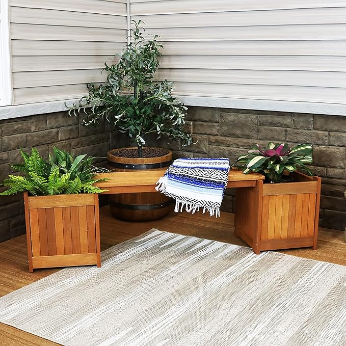Sunnydaze 68-Inch Meranti Wood Outdoor Planter Box Bench with Teak Oil Finish - Photo 5
