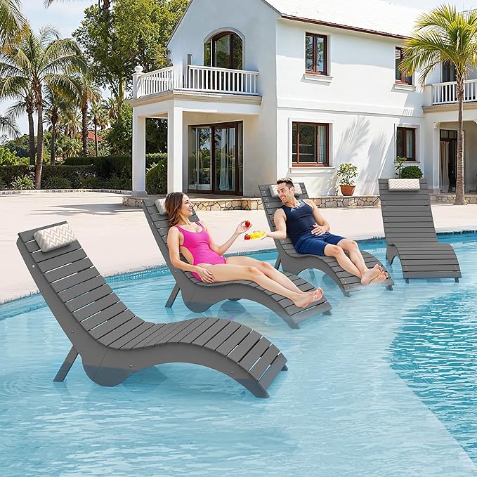 Pool Lounge Chairs - Anti-Floating HDPS Design for Pools & Backyard Sun Decks, Weighted Pool Chairs and Lounges for Poolside or Outside, Includes Headrest, Neutral Grey