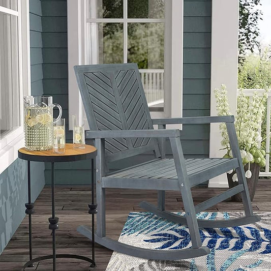 Eyely KCR100B Ted Modern Chevron-Back 300-Lbs Support Acacia Wood Patio Outdoor Rocking Chair for Garden, Lawn, Backyard, Pool, Deck, Beach, Firepit, Gray