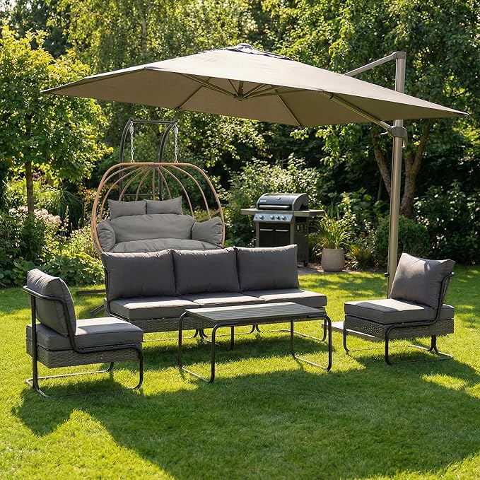 4 Piece Patio Furniture Set, Modern Patio Conversation Set for 5, All Weather Bistro Furniture Set, Metal Patio Sofas Outdoor Sectional with Coffee Table and Cushions for Lawn/Garden, Gray