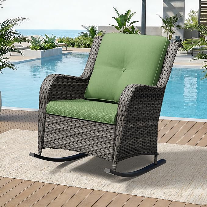 Outdoor Rocking Chair, Wicker Patio Chair with Thickened Olefin Cushions, High Back and Deep Seating, Hand-Woven PE Rattan for Porch, Deck, Balcony, Green