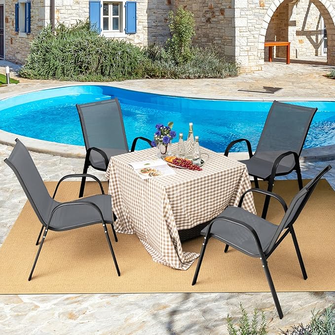 COSTWAY Patio Dining Chairs Set of 2, Stackable Outdoor Chairs with Armrest and High Back, Breathable Fabric & Metal Frame Chair for Garden Poolside Backyard Deck (Grey)