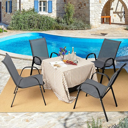 COSTWAY Patio Dining Chairs Set of 2, Stackable Outdoor Chairs with Armrest and High Back, Breathable Fabric & Metal Frame Chair for Garden Poolside Backyard Deck (Grey)