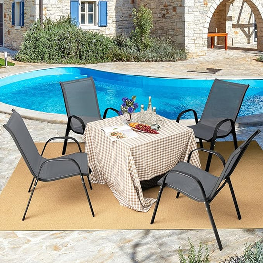 COSTWAY Patio Dining Chairs Set of 2, Stackable Outdoor Chairs with Armrest and High Back, Breathable Fabric & Metal Frame Chair for Garden Poolside Backyard Deck (Grey)