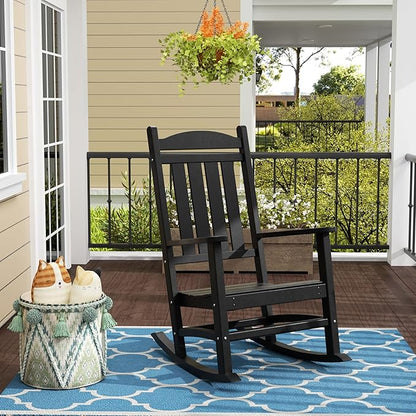 WO Home Furniture Patio Rocking Chair Farmhouse Outdoor HDPE UV Weather Resistant (Black)