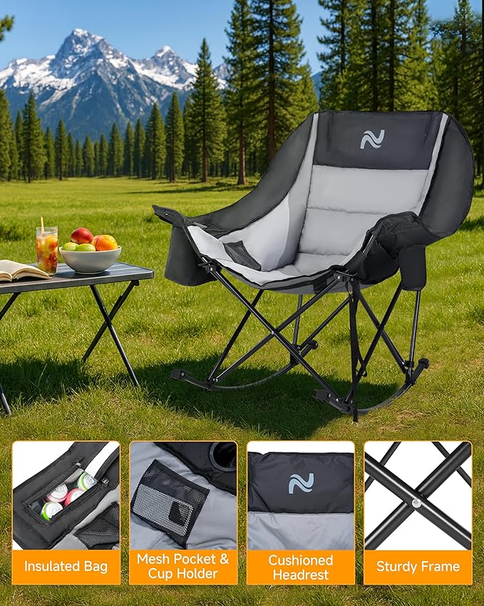 Slsy Oversized Rocking Camping Chair for Adults, 400 lbs Heavy Duty Padded Recliner with Side Pocket, Cup Holder & Carry Bag, Foldable Outdoor Lawn Chair for Patio, Backyard, or Camp