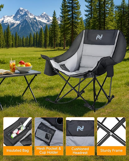 Slsy Oversized Rocking Camping Chair for Adults, 400 lbs Heavy Duty Padded Recliner with Side Pocket, Cup Holder & Carry Bag, Foldable Outdoor Lawn Chair for Patio, Backyard, or Camp