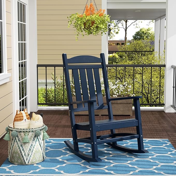 WO Home Furniture Patio Rocking Chair Farmhouse Outdoor HDPE UV Weather Resistant (Navy Blue)