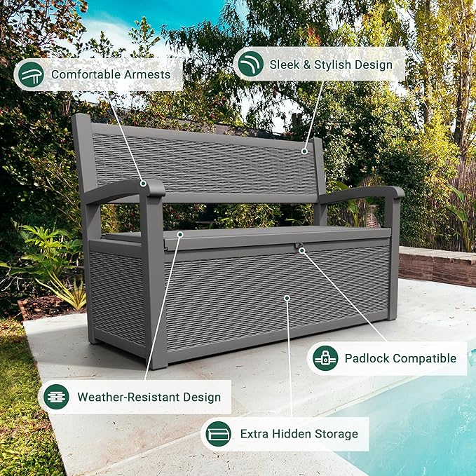 LHBcraft 70 Gallon Deck Bench with Storage,Outdoor Storage Box Bench Waterproof&Lockable, Resin Patio Furniture with Armrest for Patio, Porch, Garden,Grey