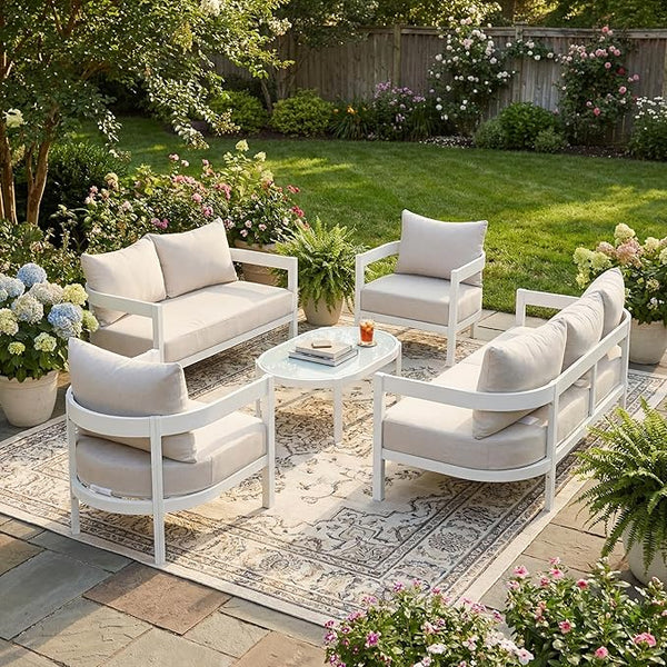 Merax 5 Piece Patio Outdoor Furniture Set, All-Weather Curved Aluminum 3-Seater Sofa Bed, Loveseat Sofa - Photo 1