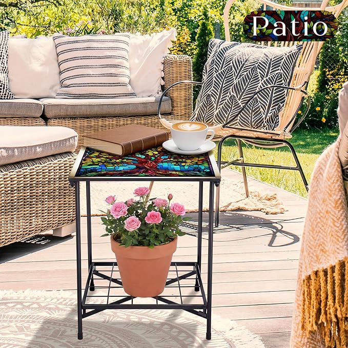 Outdoor Side Table 2-Tier Storage Square Small Mosaic Patio Accent Indoor End Plant Coffee Tea Table for Yard Patio Porch Garden Living Room, Bedroom(Tree of Life Style)