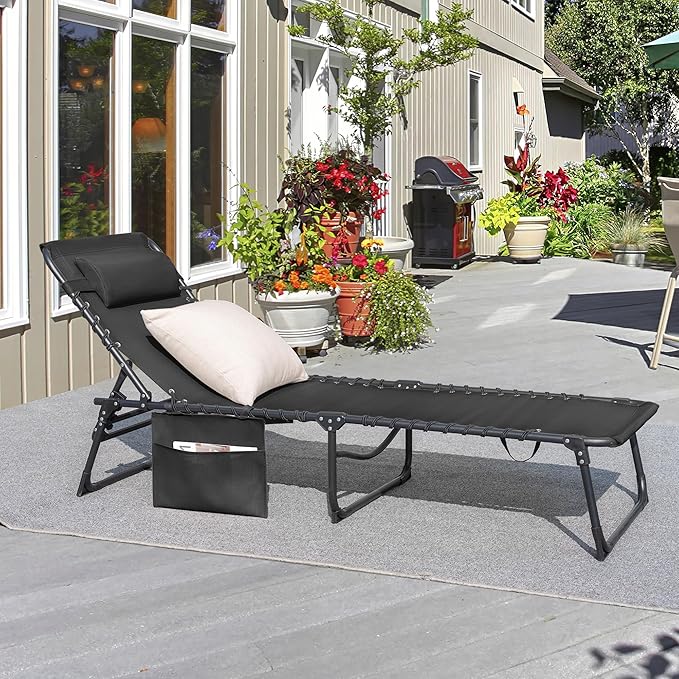 Greesum Chaise Lounge Folding Tanning Chair with 5 Position Adjustable Back, Detachable Pillow & Pocket Outside Pool, Beach, Sunbathing, Black