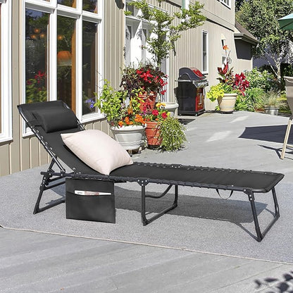Greesum Chaise Lounge Folding Tanning Chair with 5 Position Adjustable Back, Detachable Pillow & Pocket Outside Pool, Beach, Sunbathing, Black