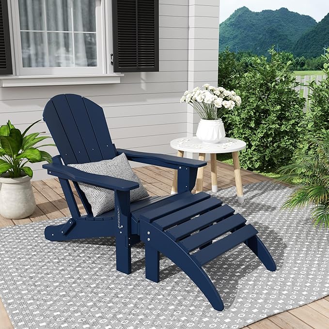WestinTrends Malibu Outdoor Lounge Chair, 2-Pieces Adirondack Chair Set with Ottoman, All Weather Poly Lumber Patio Lawn Folding Chairs for Outside Pool Garden Backyard Beach, Navy Blue