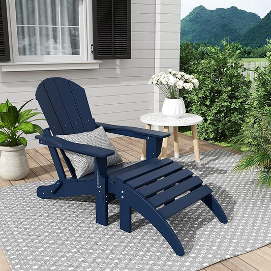 WestinTrends Malibu Outdoor Lounge Chair, 2-Pieces Adirondack Chair Set with Ottoman, All Weather Poly Lumber Patio Lawn Folding Chairs for Outside Pool Garden Backyard Beach, Navy Blue
