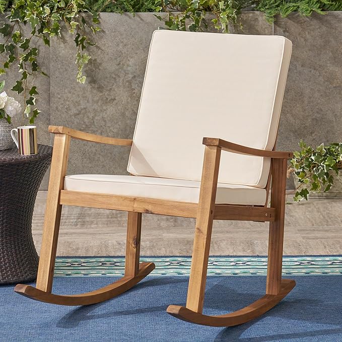 Outdoor Rocking Chair with Armrests and Cushions, Acacia Wood Structure, for Garden, Patio or Balcony, Teak - Photo 4