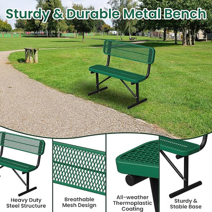 4ft Green Metal Park Bench with Backrest, Heavy Duty Outdoor Benches Weatherproof Steel Long Playground Bench Seats, Commercial Garden Benches Dock Benches for Lawn, Park, Deck,Patio, Porch