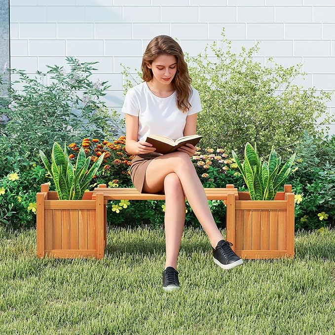 S AFSTAR 2 Pieces Outdoor Planter Bench, Wooden Planter Box with Bench, Small Raised Plant Container Garden Benches with Boxes for Patio, Yard, Deck & Balcony