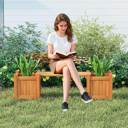 S AFSTAR 2 Pieces Outdoor Planter Bench, Wooden Planter Box with Bench, Small Raised Plant Container Garden Benches with Boxes for Patio, Yard, Deck & Balcony