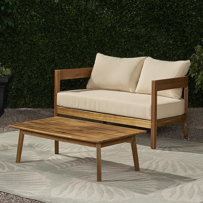 Merax 52" Outdoor Acacia Wood Frame Loveseat Sofa and 35.5" Coffee Table Set,with Cushions for Patio,Garden