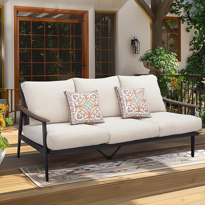 NATURAL EXPRESSIONS Patio Sofa Outdoor Furniture Metal Chair with Wicker Backrest & 6 Inches Cushion for Indoor - Photo 1