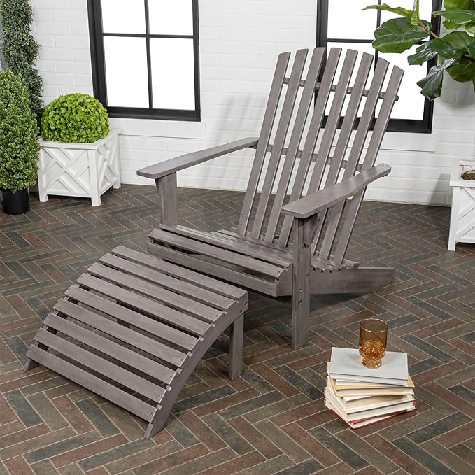 Eyely KDA1000B Zalenor 2-Piece Traditional Rustic Acacia Wood Adirondack Chair with Detachable Ottoman, Gray Wash