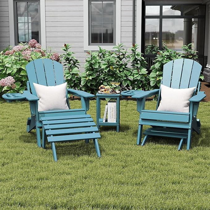 Adirondack Ottoman, Folding Adirondack Ottoman for Adirondack Chair, HDPE All Weather Outdoor Footstool for Patio, Backyard, Porch, Garden, Light Blue