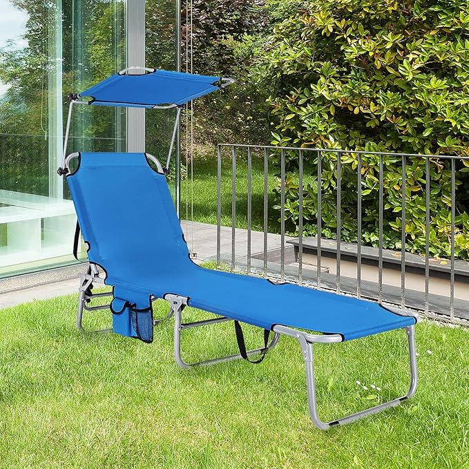 Tangkula Outdoor Folding Chaise Lounge Chair, 5-Fold Reclining Beach Chair, Patio Recliner Chair w/ 360° Canopy Shade & Side Storage Pocket, Portable Chaise Lounge for Beach, Sunbathing (2, Navy)