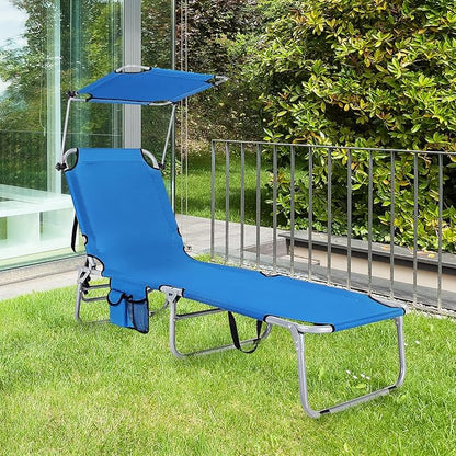 Tangkula Outdoor Folding Chaise Lounge Chair, 5-Fold Reclining Beach Chair, Patio Recliner Chair w/ 360° Canopy Shade & Side Storage Pocket, Portable Chaise Lounge for Beach, Sunbathing (2, Navy)