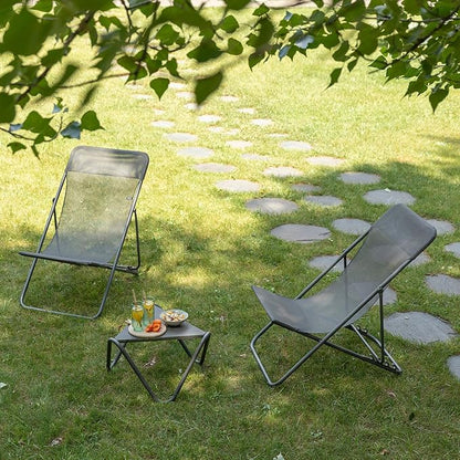 Lafuma Maxi Transat 4 Position Recline, Lockable Angle Folding Outdoor Camping Steel Batyline Mesh Sling Lounge Chair, Graphite (2 Pack)