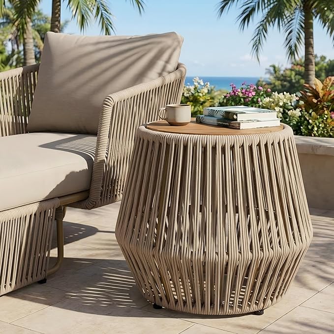 Merax Bohemian Round Outdoor Side Table with Acacia Wood Top and Beige Handwoven Rope Base, Boho Patio Coffee Table for Garden, Pool, Deck, Balcony, Yard