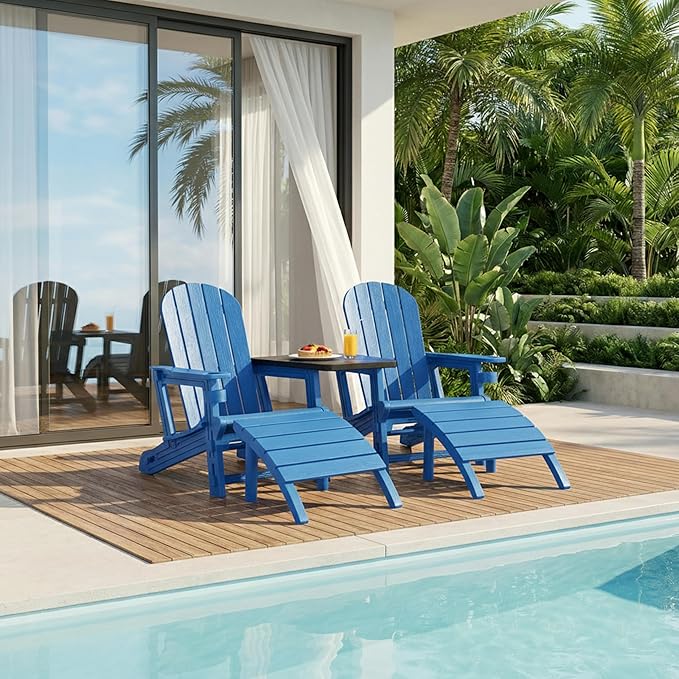 Shintenchi Adirondack Chair Set of 2,HDPE Adirondack Chairs with Umbrella Hole Connecting Tray & 2 Curved Ottoman,Plastic Outdoor Chairs with Cup Holders for Garden Backyard Pool,Blue