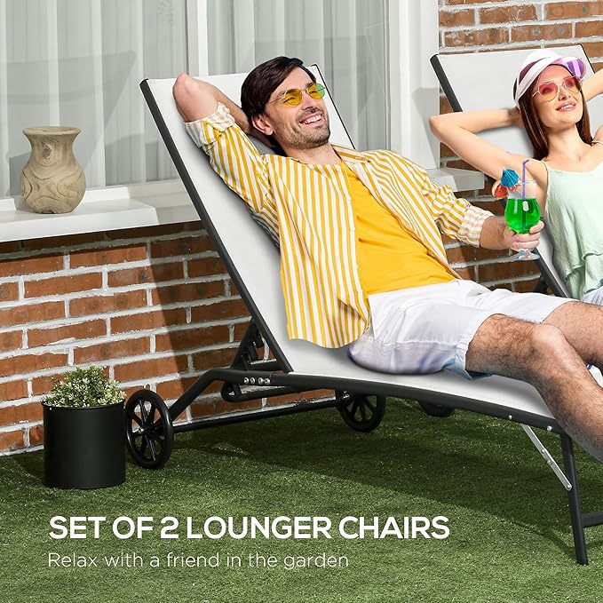 Outsunny Chaise Lounge Outdoor, 2 Piece Lounge Chair with Wheels, Tanning Chair with 5 Adjustable Positions for Patio, Beach, Yard, Pool, Cream White