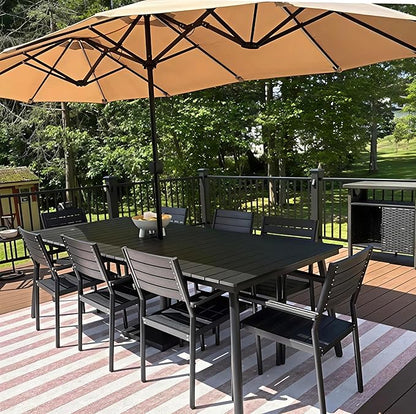 70" Patio Outdoor Dining Table for 6, Weather-Resistant Aluminum Frame with Wood-Grain Top & Umbrella Hole for Deck Gatherings, Black