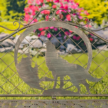 Classic Iron Garden Bench with Nature Scenery (Howling Wolf Backrest in Bronze)