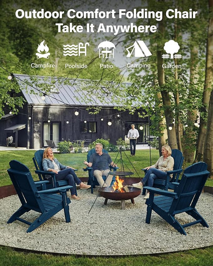 YEFU Adirondack Chairs Set of 6 for Patio: Folding Plastic Fire Pit Chair with Cup Holders & Adjustable Backrest - Sturdy All-Weather HDPE for Outdoor Pool Lawn - Easy Assembly(Navy Blue)