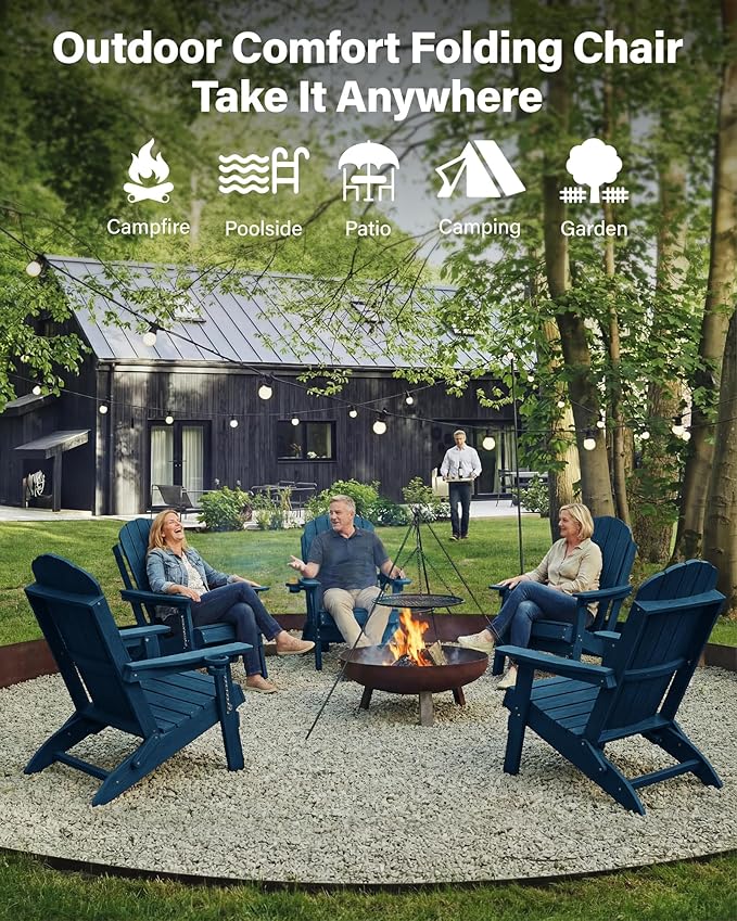 YEFU Adirondack Chairs Set of 4 for Patio: Folding Plastic Fire Pit Chair with Cup Holders & Adjustable Backrest - Sturdy All-Weather HDPE for Outdoor Backyard Deck- Easy Assembly(Navy Blue)