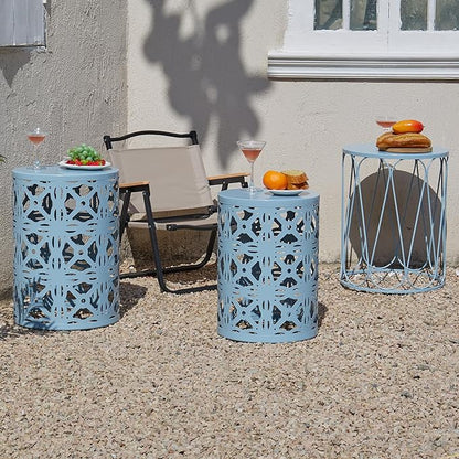 Y&M Set of 3 Heavy-Duty Round End Table, Side Table, Coffee Table for Indoor Multifunctional Use, Outdoor Decorative Garden Stool Plant Stand-Blue