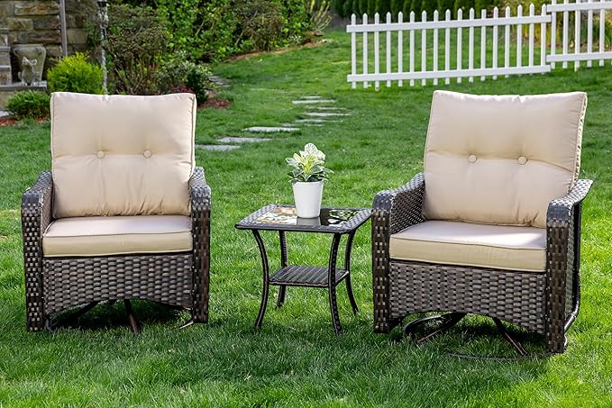 Gotland Outdoor Swivel Chairs Set of 2, 3 Pieces Patio Furniture Set with Thick Cushion, Wicker Rocking Patio Chairs Set of 2, Patio Bistro Set with Double-Layer Coffee Table for Balcony Porch Khaki