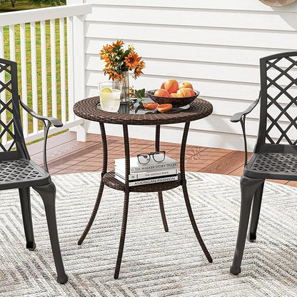 Tangkula 25 inch Patio Wicker Coffee Table Outdoor Backyard Lawn Balcony Pool Round Tempered Glass Top Rattan Steel Frame Side Table Furniture W/Storage Shelf, Brown