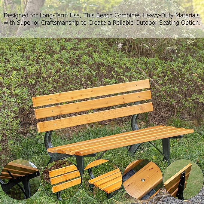 Gardenised Park Bench with Wooden Slats Seat and Backrest for 2 Persons Featuring Iron Frame and Legs - Perfect for Yard Patio Garden Balcony Deck Porch Playground and All Other Outdoor Spaces