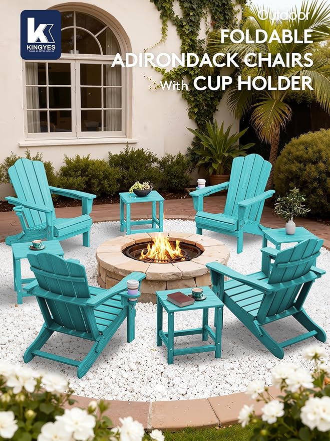 KINGYES Folding Adirondack Chair Set of 4, HDPE All-Weather Patio Chairs with Cup Holder - Photo 5