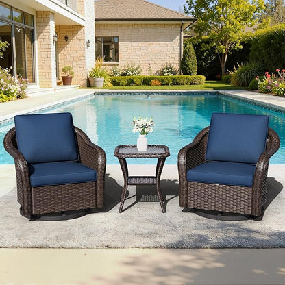 Outdoor Swivel Chairs with Side Table, Patio Wicker Chairs, Outside Conversation Furniture Set with Washable Cushions for Sunroom, Gazebo, Poolside (Navy Blue)