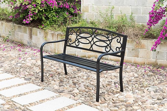 Gardenised QI003772 Steel Outdoor Patio Garden Park Seating Bench with Cast Iron Scrollwork Backrest, Front Porch Yard Bench Lawn Decor
