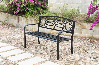 Gardenised QI003772 Steel Outdoor Patio Garden Park Seating Bench with Cast Iron Scrollwork Backrest, Front Porch Yard Bench Lawn Decor